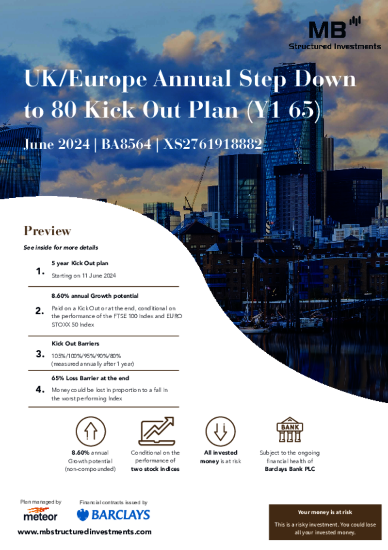MB Structured Investments UK/Europe Annual Step Down to 80 Kick Out Plan (Y1 65) June 2024 - BA8564