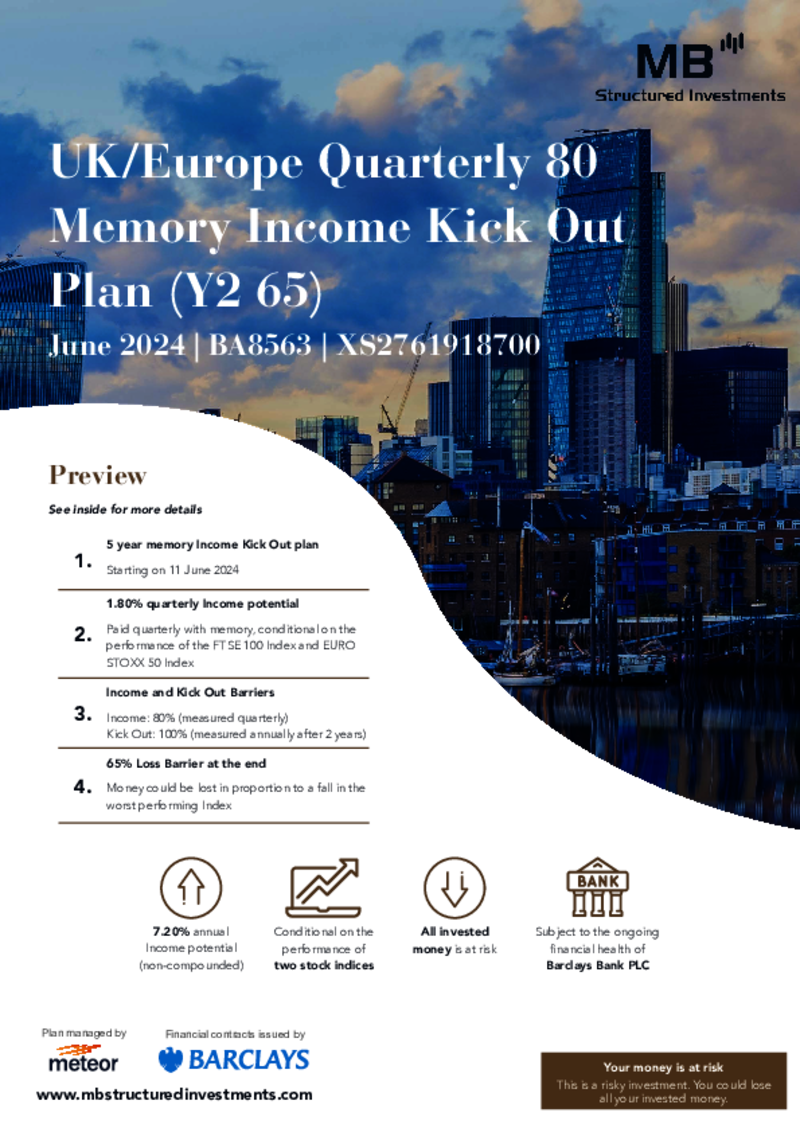MB Structured Investments UK/Europe Quarterly 80 Memory Income Kick Out Plan (Y2 65) June 2024 - BA8563