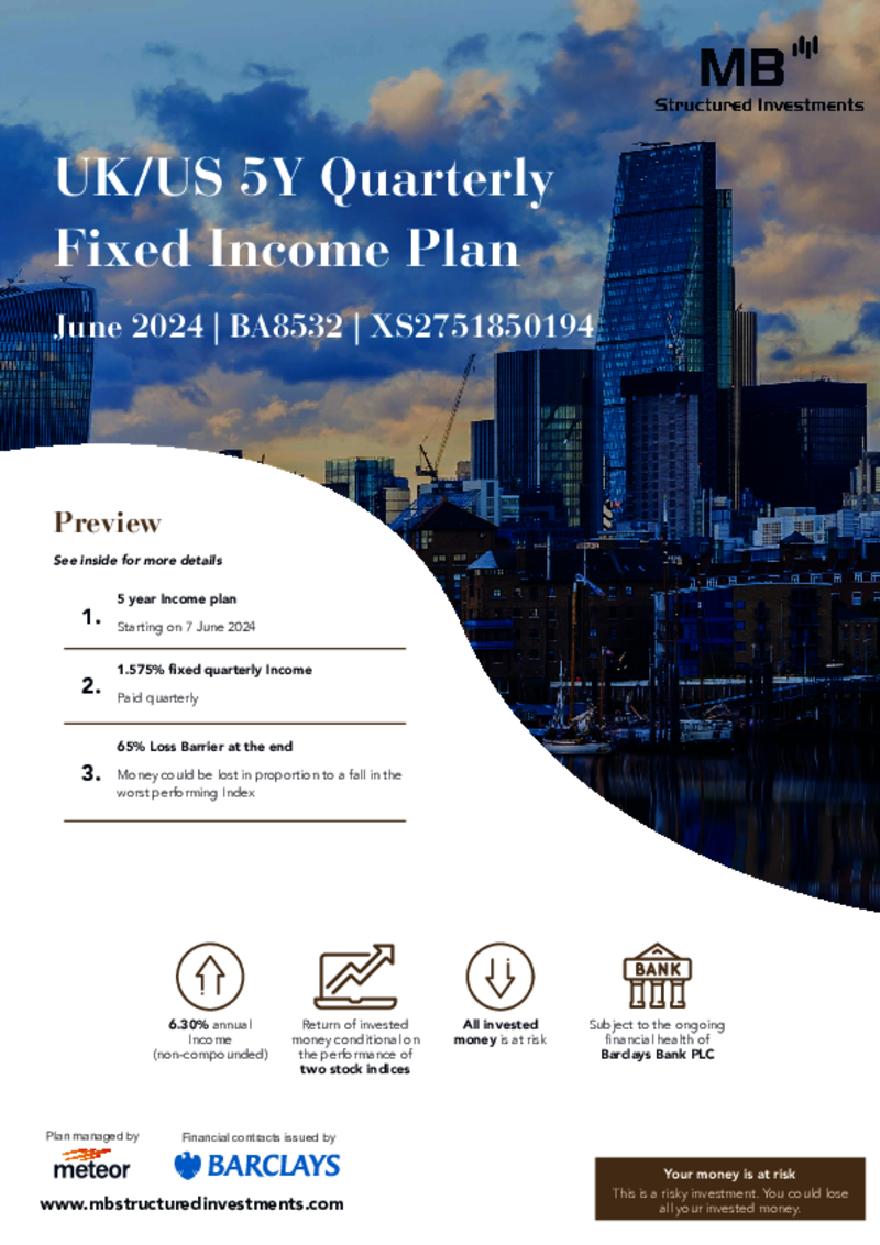 MB Structured Investments UK/US 5Y Quarterly Fixed Income Plan June 2024 - BA8532
