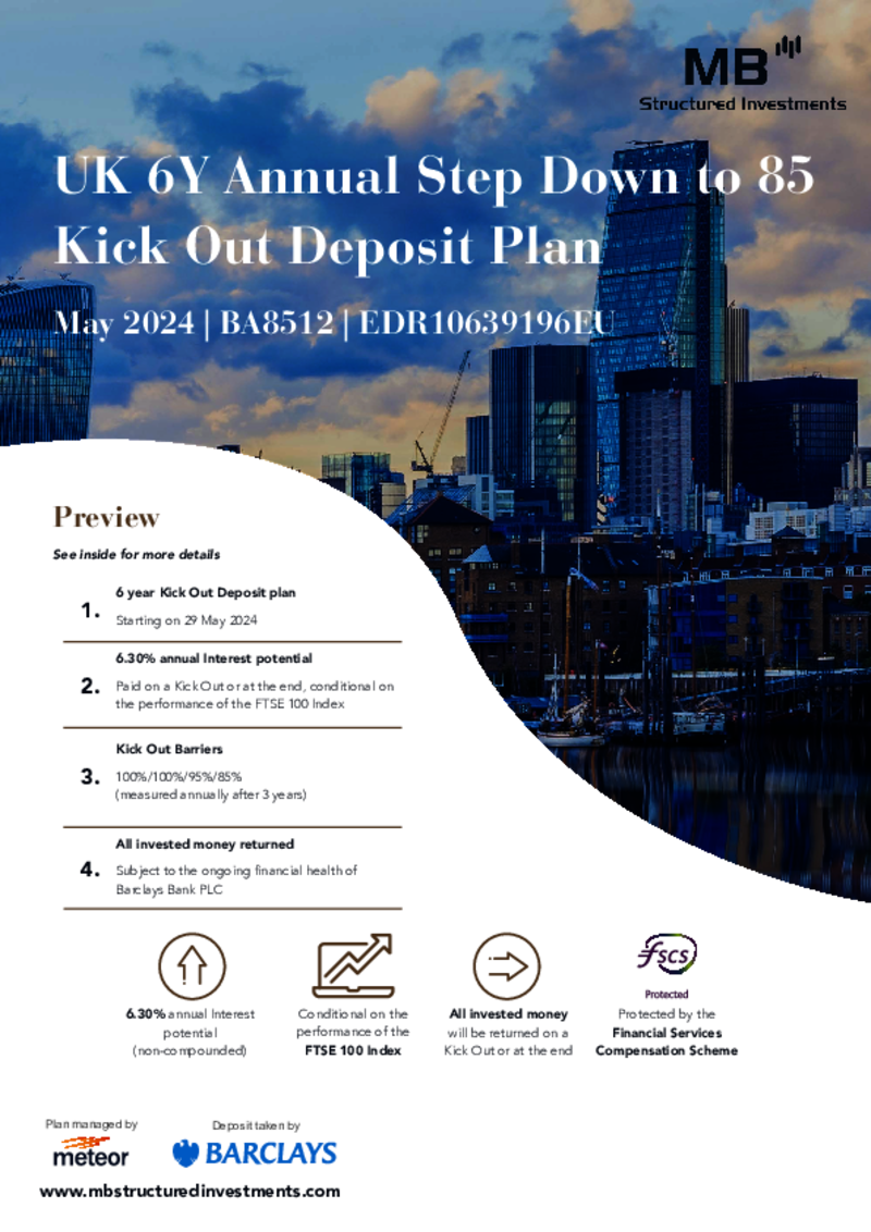 MB Structured Investments UK 6Y Annual Step Down to 85 Kick Out Deposit Plan May 2024 - BA8512