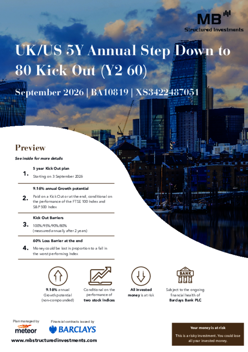MB Structured Investments UK/US 5Y Annual Step Down to 80 Kick Out (Y2 60) September 2026 - BA10819