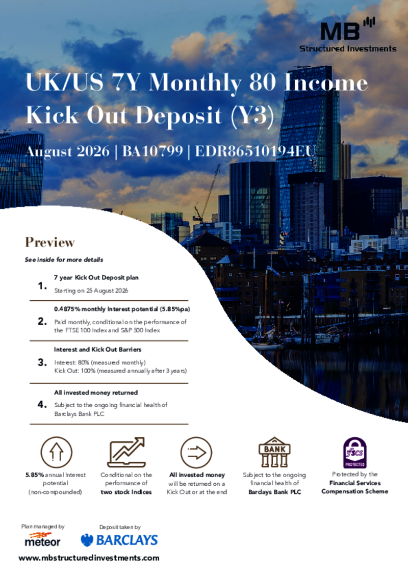 MB Structured Investments UK/US 7Y Monthly 80 Income Kick Out Deposit (Y3) August 2026 - BA10799