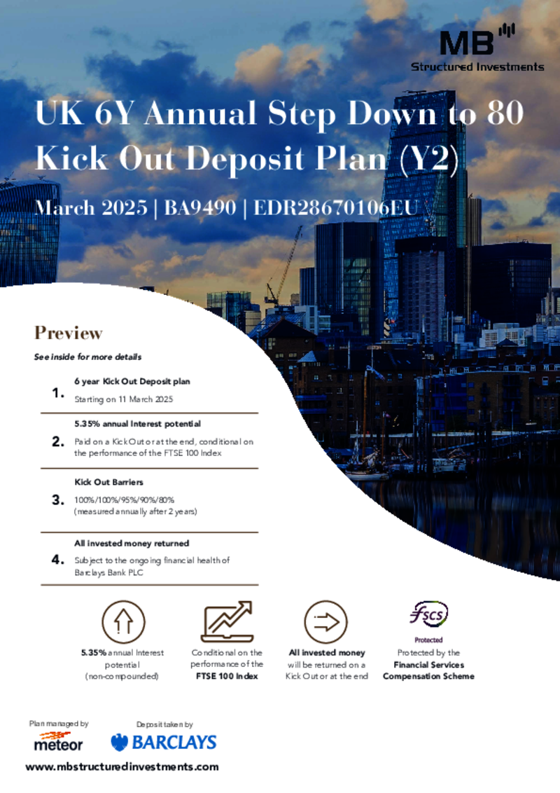 MB Structured Investments UK 6Y Annual Step Down to 80 Kick Out Deposit Plan (Y2) March 2025 - BA9490