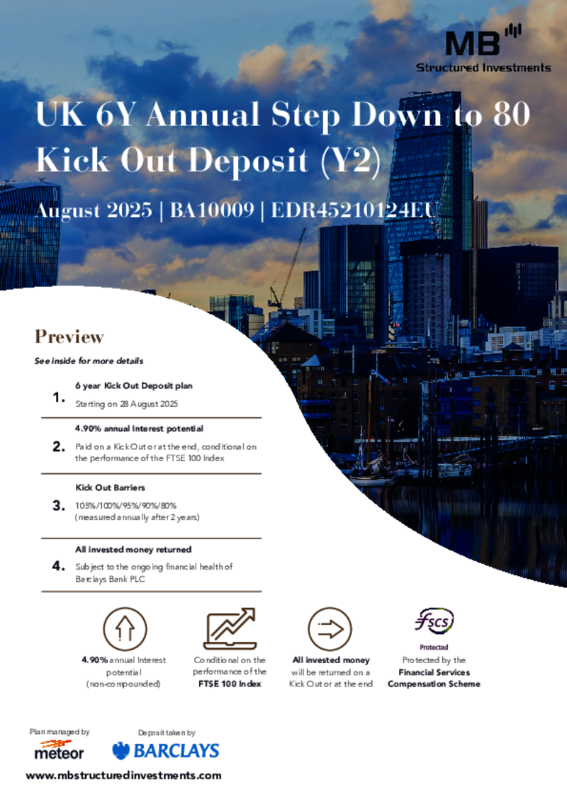 MB Structured Investments UK 6Y Annual Step Down to 80 Kick Out Deposit Plan (Y2) July 2025 - BA9944