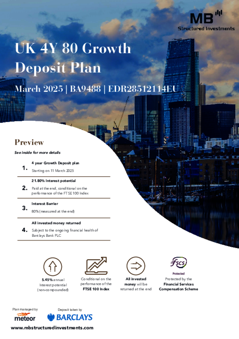 MB Structured Investments UK 4Y 80 Growth Deposit Plan March 2025 - BA9488