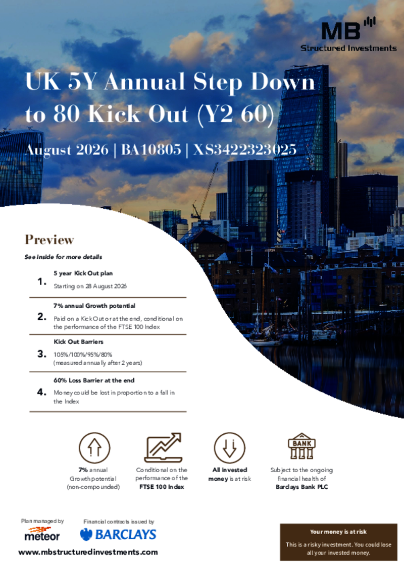 MB Structured Investments UK 5Y Annual Step Down to 80 Kick Out Plan (Y2 60) August 2026 - BA10805