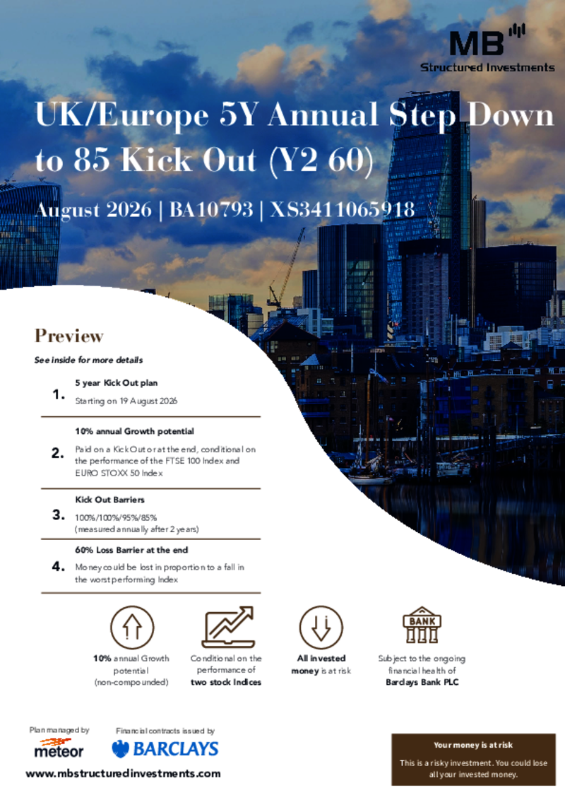 MB Structured Investments UK/Europe 5Y Annual Step Down to 85 Kick Out (Y2 60) August 2026 - BA10793