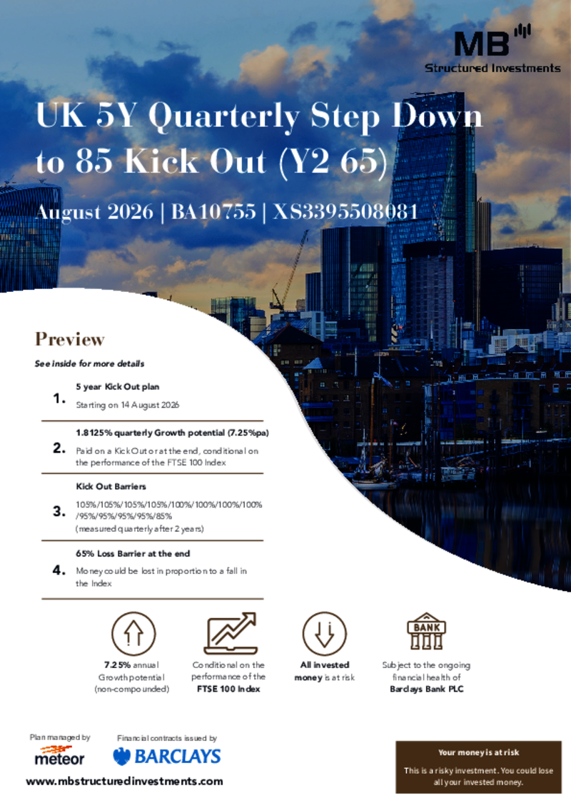 MB Structured Investments UK 5Y Quarterly Step Down to 85 Kick Out Plan (Y2 65) August 2026 - BA10755