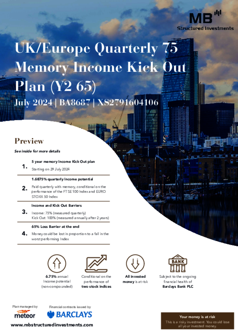 MB Structured Investments UK/Europe Quarterly 75 Memory Income Kick Out Plan (Y2 65) July 2024 - BA8687