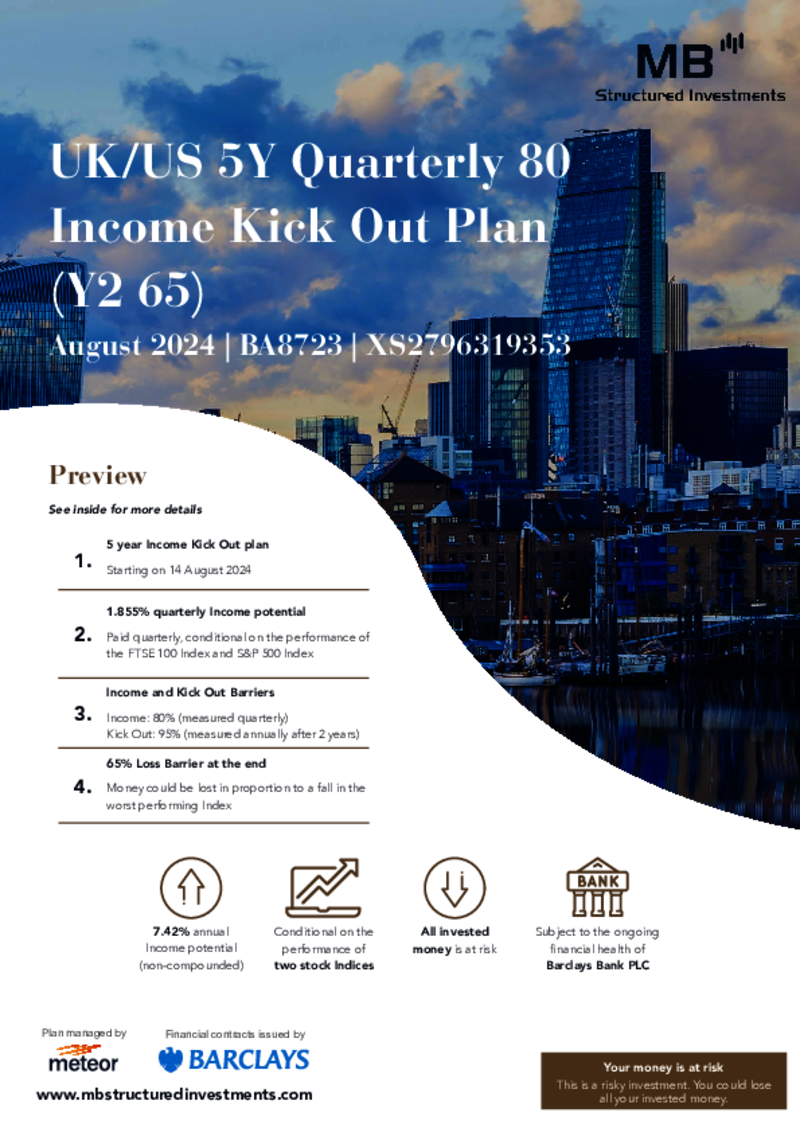 MB Structured Investments UK/US 5Y Quarterly 80 Income Kick Out Plan (Y2 65) August 2024 - BA8723