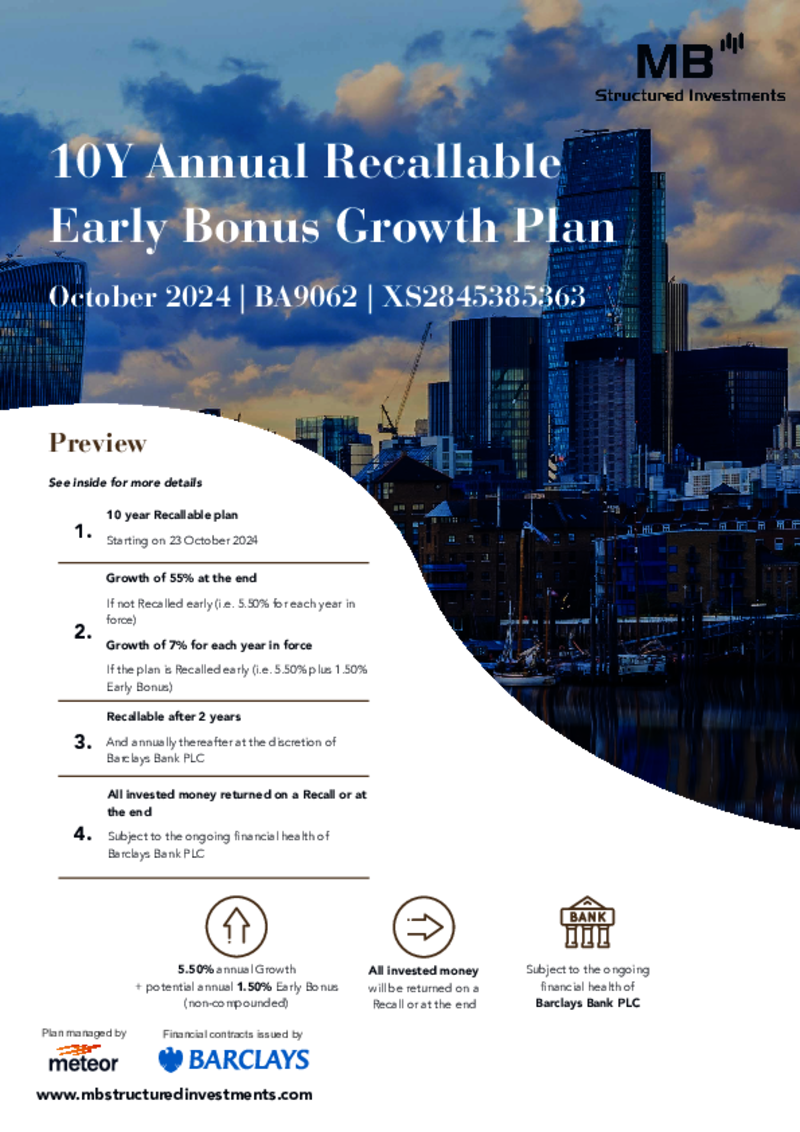 MB Structured Investments 10Y Annual Recallable Early Bonus Growth Plan October 2024 - BA9062