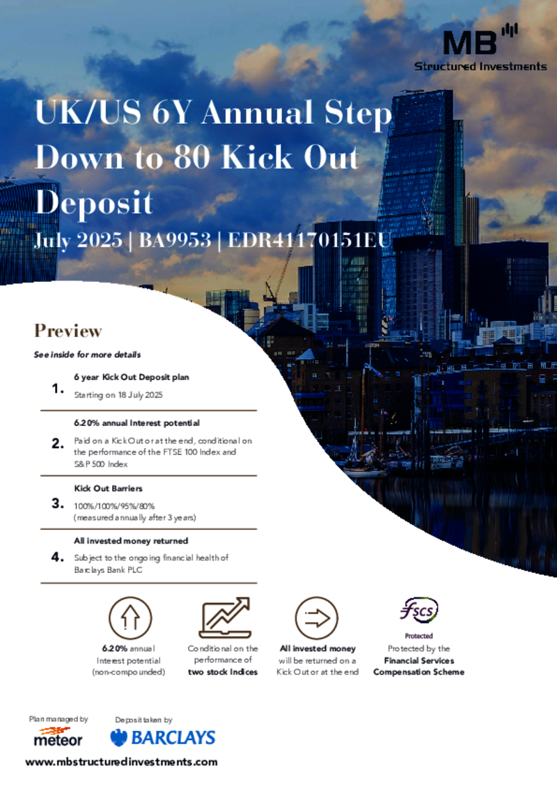 MB Structured Investments UK/US 6Y Annual Step Down to 80 Kick Out Deposit Plan July 2025 - BA9953