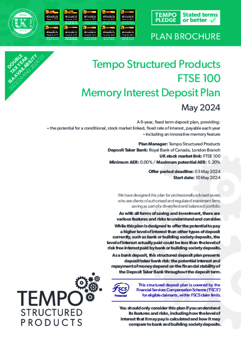 Tempo FTSE 100 Memory Interest Deposit Plan: January 2024