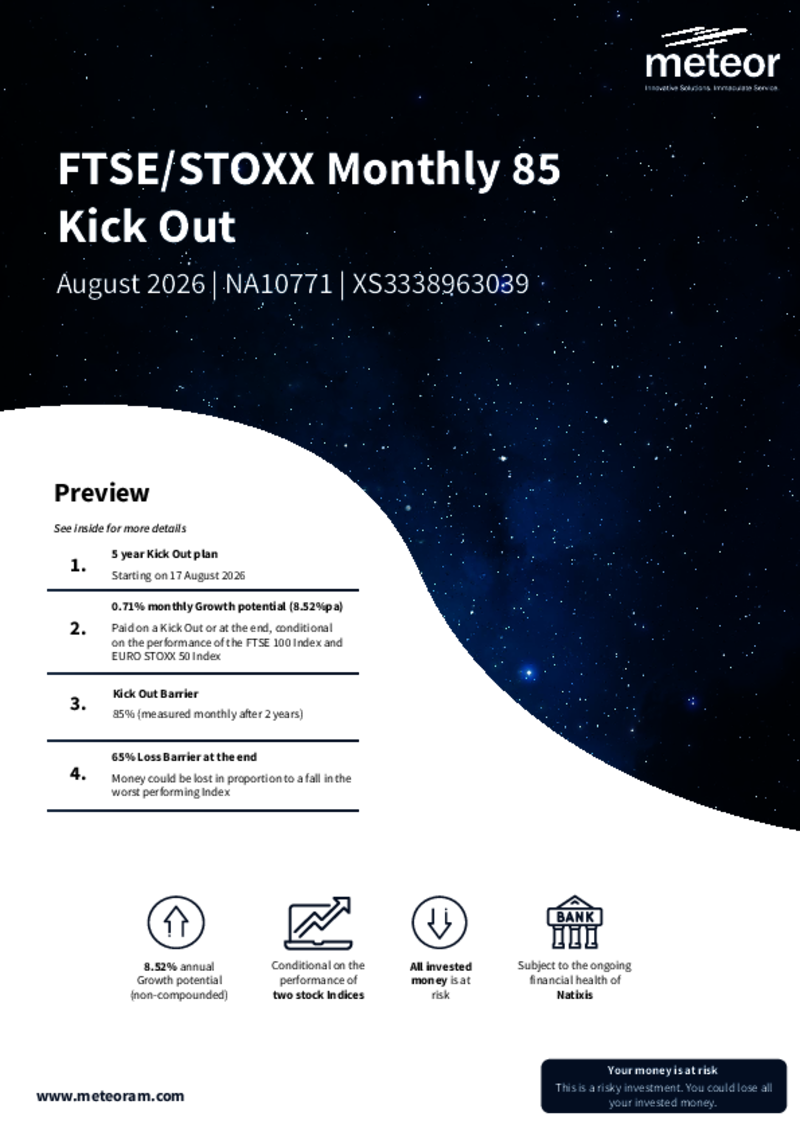 Meteor FTSE/STOXX Monthly 85 Kick Out August 2026 - NA10771    