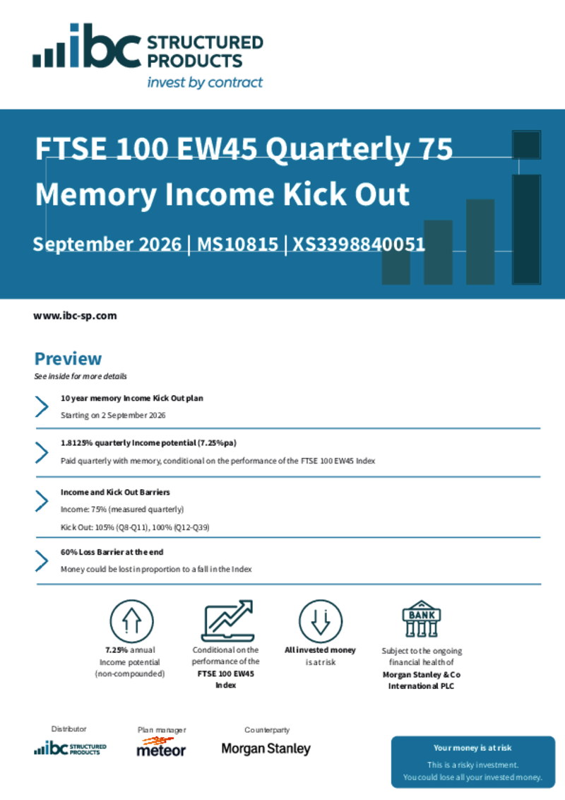 iBC Structured Products FTSE 100 EW45 Quarterly 75 Memory Income Kick Out September 2026 - MS10815