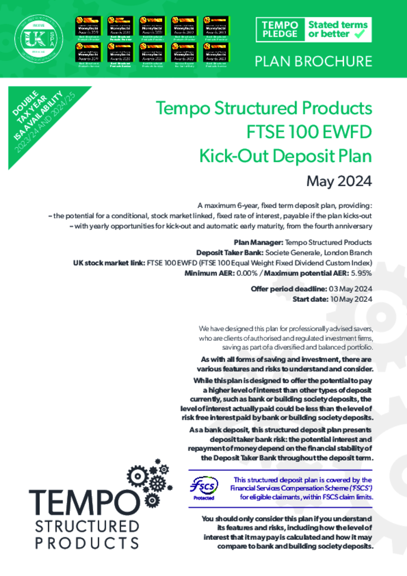 Tempo FTSE 100 EWFD Kick-Out Deposit Plan:  January 2024