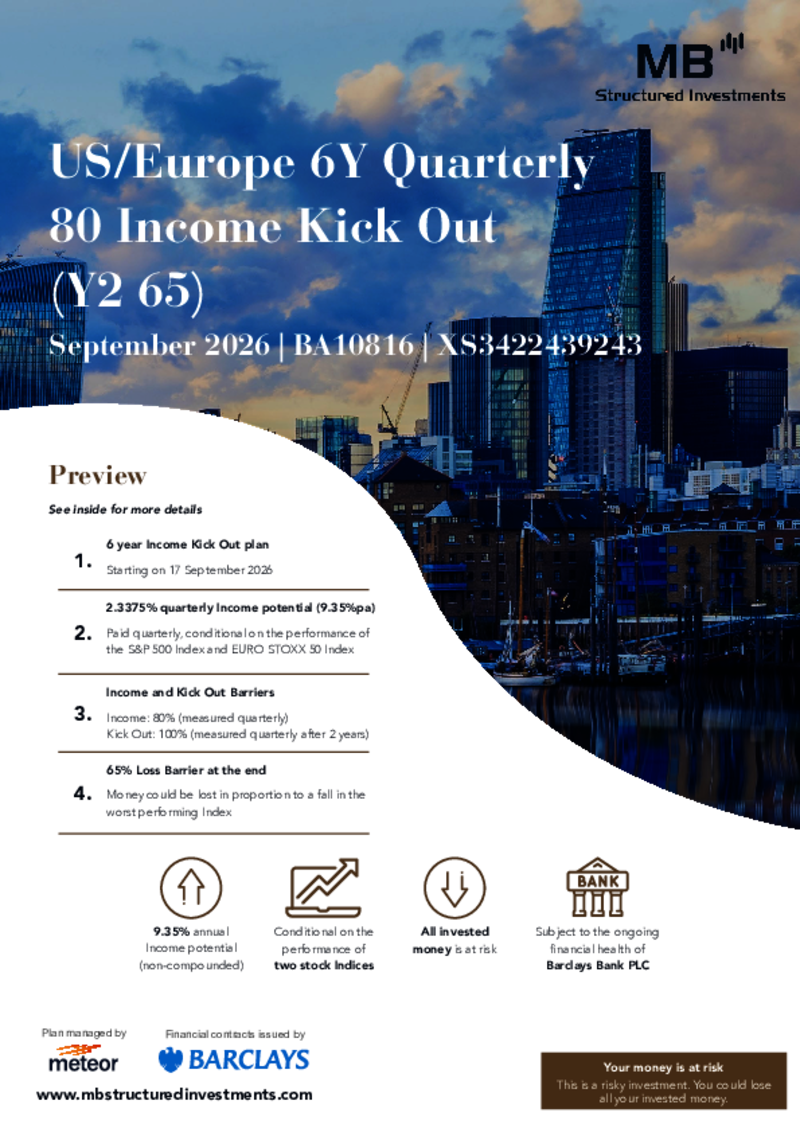 MB Structured Investments US/Europe 6Y Quarterly 80 Income Kick Out (Y2 65) September 2026 - BA10816