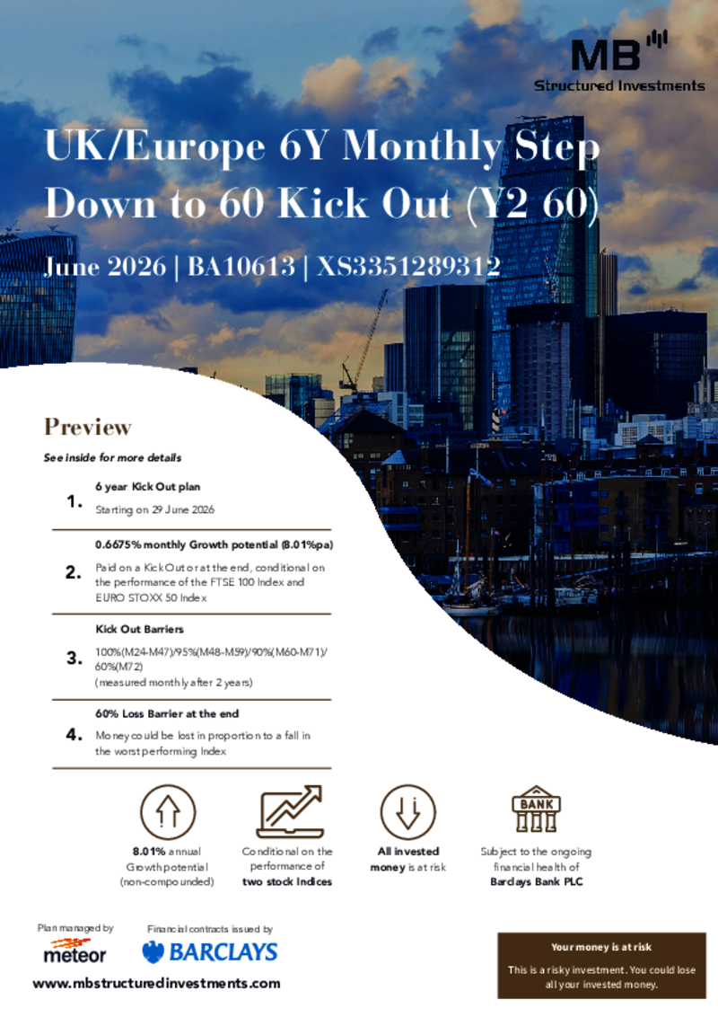 MB Structured Investments UK/Europe 6Y Monthly Step Down to 60 Kick Out (Y2 60) June 2026 - BA10613