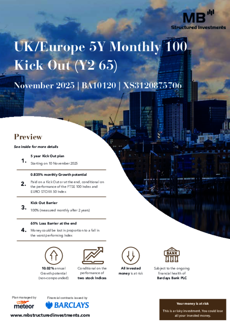 MB Structured Investments UK/Europe 5Y Monthly 100 Kick Out (Y2 65) November 2025 - BA10120