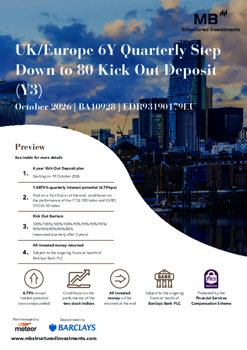 MB Structured Investments UK/Europe 6Y Quarterly Step Down to 80 Kick Out Deposit (Y3) October 2026 - BA10928