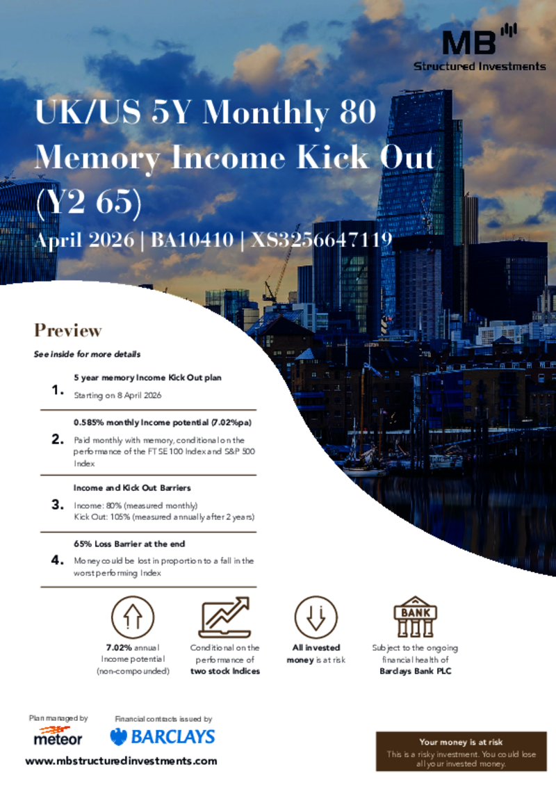 MB Structured Investments UK/US 5Y Monthly 80 Memory Income Kick Out (Y2 65) April 2026 - BA10410